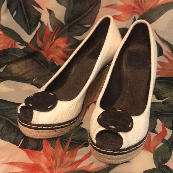 Tory Burch Shoes - TORY BURCH White Canvas & Leather Peep-Toe, Size 8